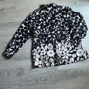 Charter Club Linen Black Ivory Floral Button Down Tunic Blouse Split Hem Top M